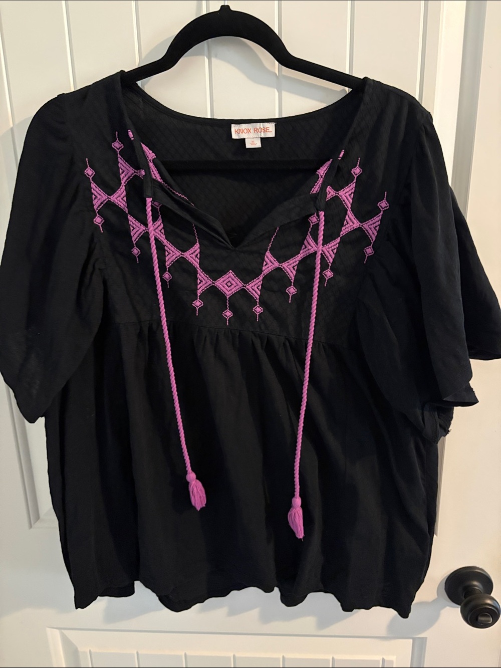 Knox Rose Black Tunic Top with Purple Embroidery and Tassels